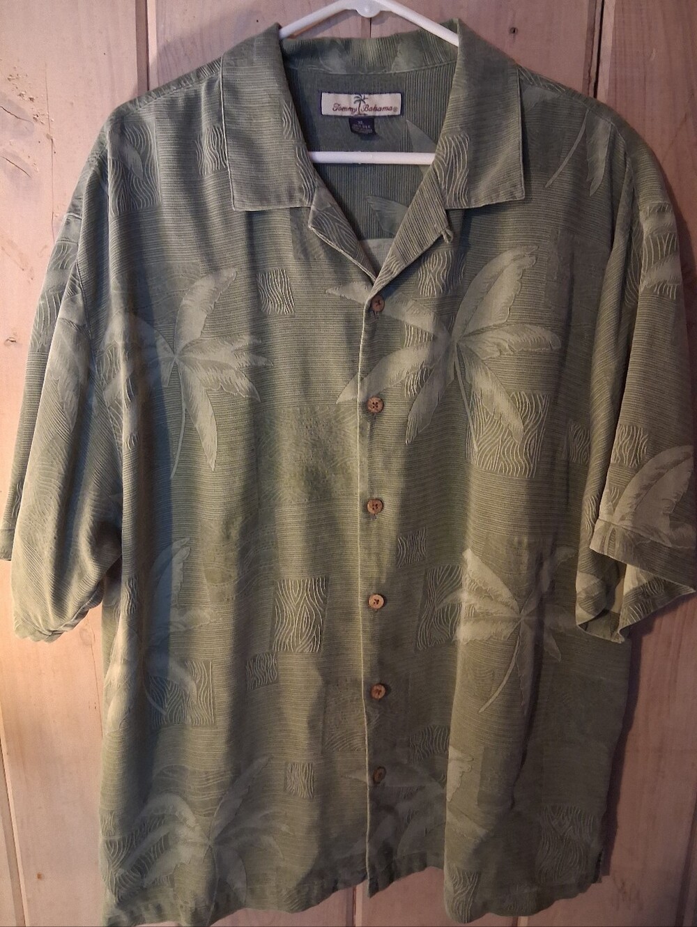 Tommy Bahama Olive Green Palm-Print Short Sleeve Camp Shirt 100% SILK SIZE XL